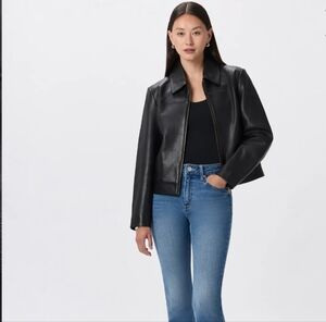 100% Leather Cropped Zip Front Black Jacket